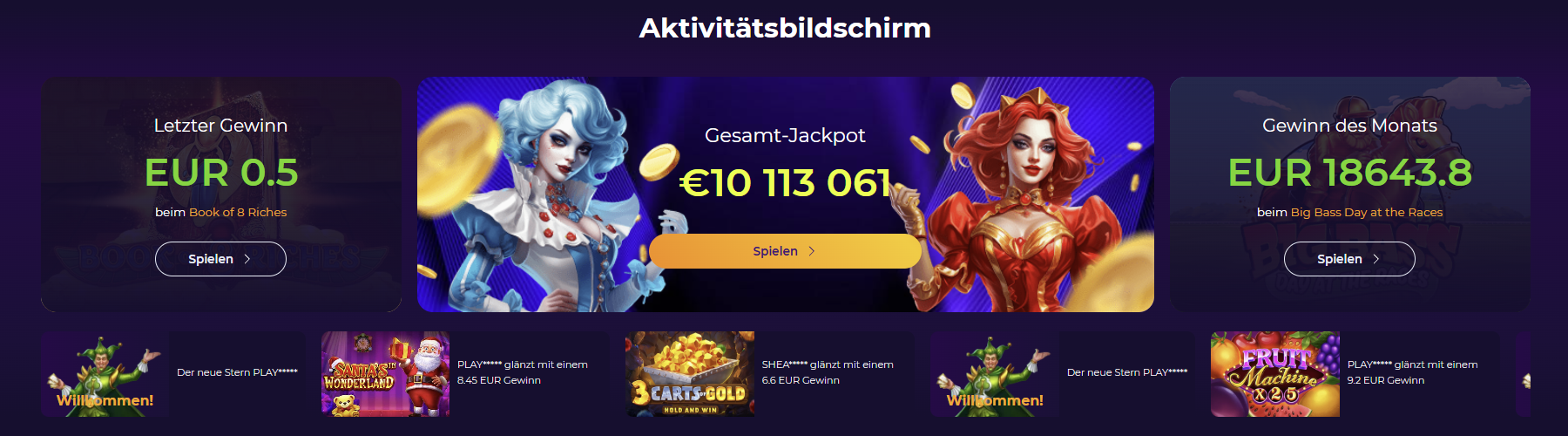 Aktivitätsbildschirm Iwild Casino